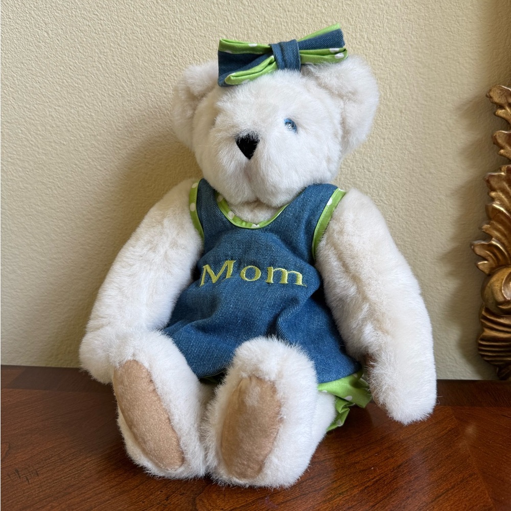 Plush vintage Vermont Teddy bear Co. Teddy Bear with Denim Dress and Bow